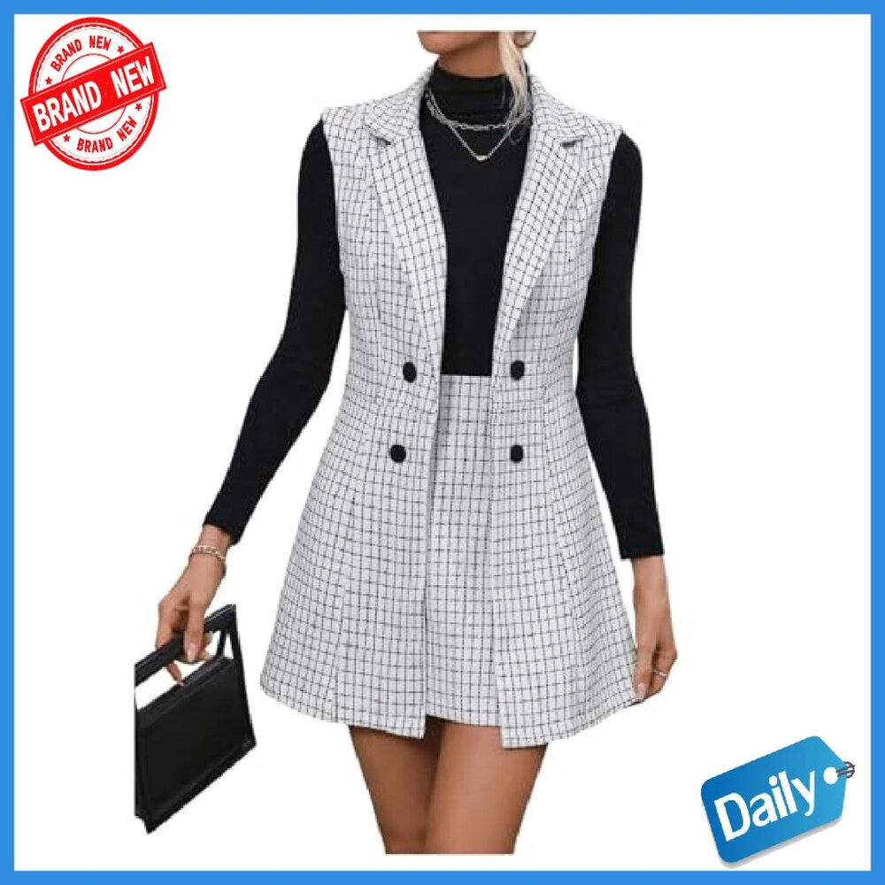 Women's Plaid Vest Blazer Skirt Set Workwear Office Business Casual - Picture 6 of 8